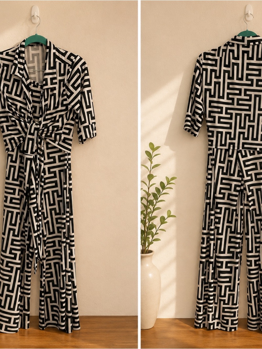 Black & White Geometric Jumpsuit with Tie Front